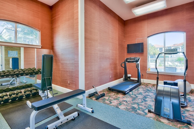 431 La Valencia Cir, Panama City Beach, FL 32413 - exercise area featuring healthy amount of natural light, baseboards, and a towering ceiling
