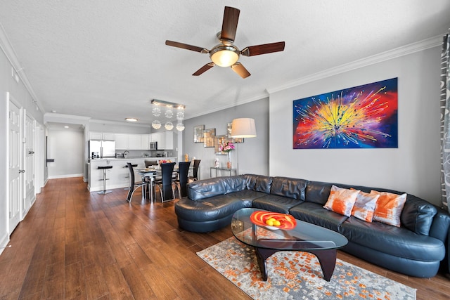 17545 Front Beach Rd Unit 1301, Panama City Beach, FL 32413 - living room featuring ceiling fan, dark wood-style flooring, crown molding, recessed lighting, and baseboards