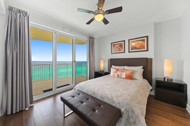 17545 Front Beach Rd Unit 1301, Panama City Beach, FL 32413 - bedroom featuring access to outside, dark wood-style floors, a water view, and ceiling fan
