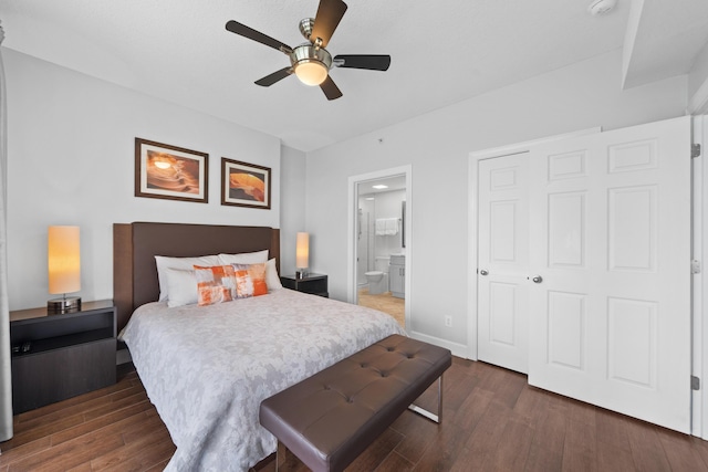 17545 Front Beach Rd Unit 1301, Panama City Beach, FL 32413 - bedroom featuring wood finished floors, ensuite bathroom, baseboards, and a ceiling fan
