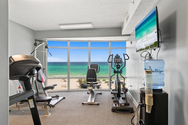 17545 Front Beach Rd Unit 1301, Panama City Beach, FL 32413 - workout area with carpet, a textured ceiling, and floor to ceiling windows