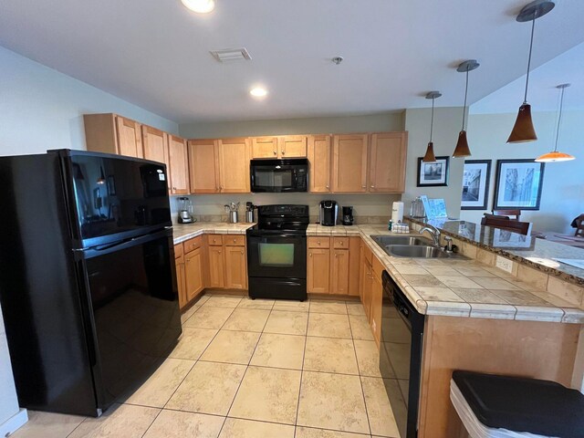 15100 Front Beach Rd Unit 831, Panama City Beach, FL 32413 - kitchen featuring black appliances, a sink, light brown cabinets, a peninsula, and decorative light fixtures