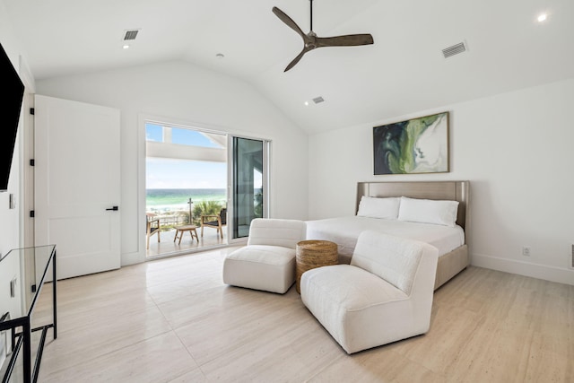 4658 Destiny Way, Destin, FL 32541 - bedroom featuring lofted ceiling, light wood-style flooring, access to outside, ceiling fan, and a water view