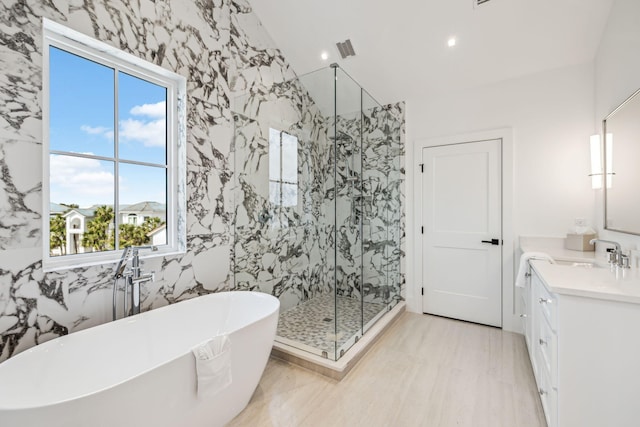 4658 Destiny Way, Destin, FL 32541 - bathroom with a marble finish shower, a soaking tub, vanity, and recessed lighting