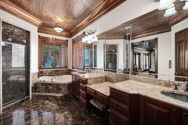 17 Saint Martin Cir, Miramar Beach, FL 32550 - bathroom featuring marble tiled floors, ornamental molding, a bath, vanity, and a stall shower