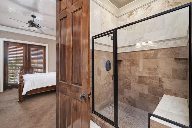 17 Saint Martin Cir, Miramar Beach, FL 32550 - ensuite bathroom featuring ceiling fan, crown molding, and a shower stall