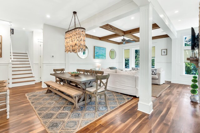 18 Eastern Lake Ct, Santa Rosa Beach, FL 32459 - dining room featuring stairs, ceiling fan, wood finished floors, beam ceiling, and a decorative wall