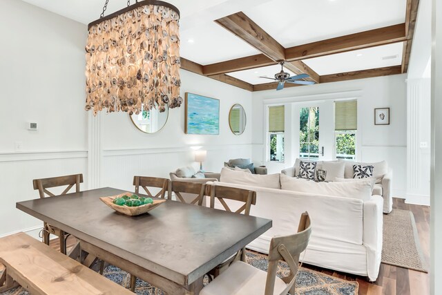 18 Eastern Lake Ct, Santa Rosa Beach, FL 32459 - dining area featuring wood finished floors, a ceiling fan, coffered ceiling, beamed ceiling, and wainscoting