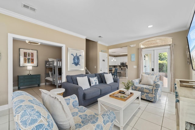 34 Opal Cv, Miramar Beach, FL 32550 - living area with light tile patterned flooring, crown molding, stairs, recessed lighting, and baseboards