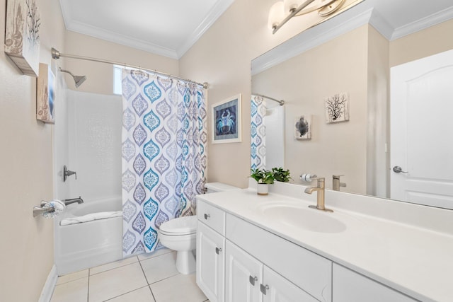 34 Opal Cv, Miramar Beach, FL 32550 - full bathroom with vanity, crown molding, toilet, shower / bath combo with shower curtain, and tile patterned flooring