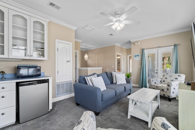 34 Opal Cv, Miramar Beach, FL 32550 - living room featuring crown molding, carpet floors, french doors, ceiling fan, and baseboards