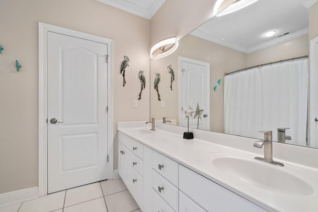 34 Opal Cv, Miramar Beach, FL 32550 - full bath featuring double vanity, crown molding, tile patterned flooring, baseboards, and a shower with shower curtain