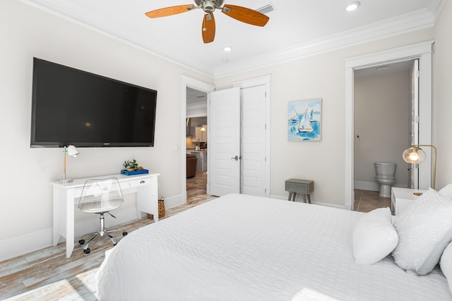164 Clipper St, Inlet Beach, FL 32461 - bedroom with crown molding, baseboards, ensuite bathroom, recessed lighting, and a ceiling fan
