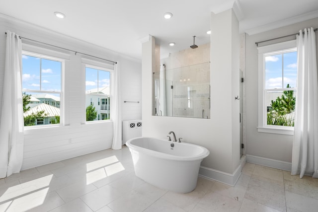 164 Clipper St, Inlet Beach, FL 32461 - full bath with a stall shower, crown molding, a freestanding tub, baseboards, and recessed lighting