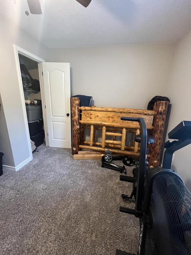 8945 Bluebell St, Milton, FL 32583 - exercise area with a ceiling fan, carpet floors, baseboards, and a textured ceiling