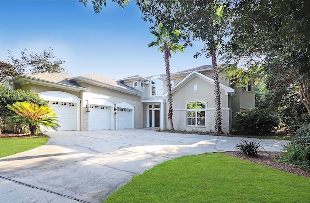 302 Sand Myrtle Trl, Destin, FL 32541 - traditional home with a garage, driveway, stucco siding, and a front lawn