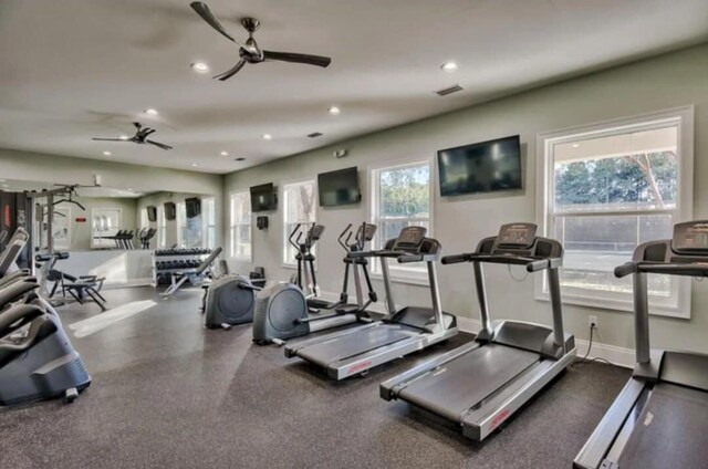 302 Sand Myrtle Trl, Destin, FL 32541 - workout area with a ceiling fan and recessed lighting