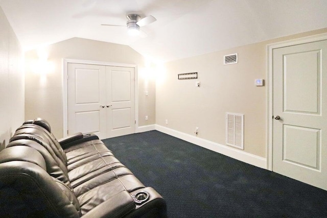 302 Sand Myrtle Trl, Destin, FL 32541 - living area featuring ceiling fan, vaulted ceiling, and dark carpet