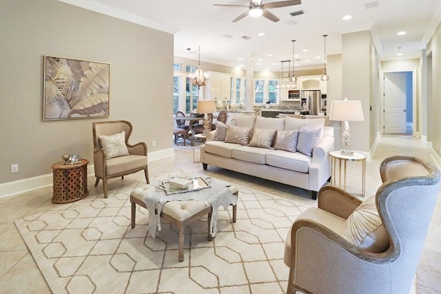 302 Sand Myrtle Trl, Destin, FL 32541 - living room with ornamental molding, ceiling fan, a chandelier, light tile patterned floors, and recessed lighting