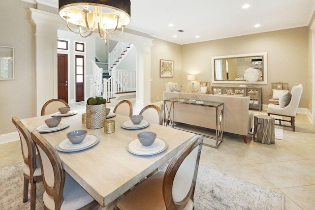 302 Sand Myrtle Trl, Destin, FL 32541 - dining room with decorative columns, stairway, light tile patterned floors, recessed lighting, and crown molding