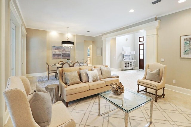 302 Sand Myrtle Trl, Destin, FL 32541 - living room featuring ornamental molding, arched walkways, ornate columns, and recessed lighting