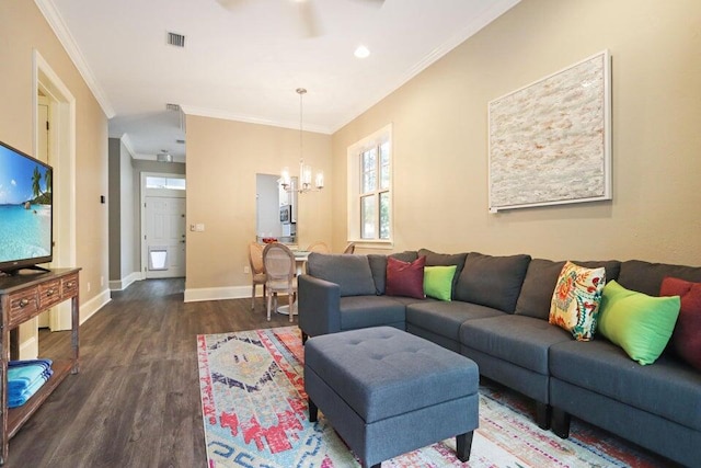 302 Sand Myrtle Trl, Destin, FL 32541 - living room with a chandelier, dark wood finished floors, ornamental molding, and recessed lighting