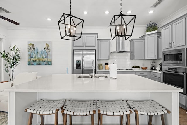 11 E Pine Lands Loop Unit A, Inlet Beach, FL 32461 - kitchen featuring appliances with stainless steel finishes, gray cabinets, a sink, a chandelier, and recessed lighting