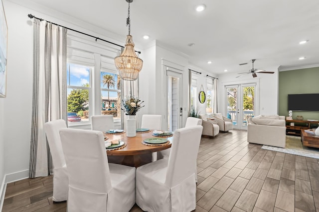 11 E Pine Lands Loop Unit A, Inlet Beach, FL 32461 - dining room with a chandelier, recessed lighting, crown molding, wood finished floors, and a ceiling fan