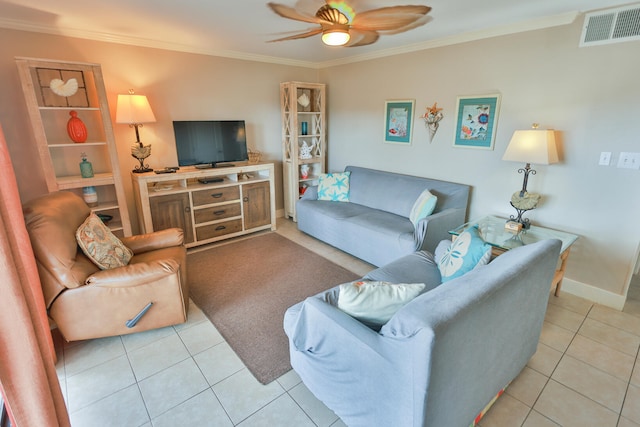 196 N Driftwood Bay Unit 38A, Miramar Beach, FL 32550 - living area featuring ornamental molding, ceiling fan, light tile patterned floors, and baseboards