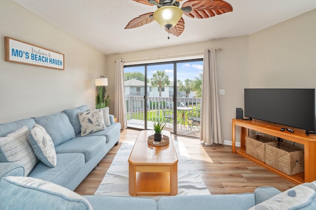 285 Payne St Unit 23B, Miramar Beach, FL 32550 - living room featuring ceiling fan, light wood-style flooring, and a textured ceiling
