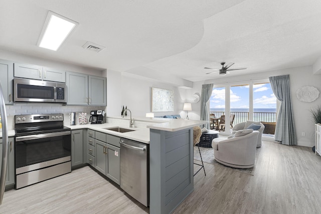 15928 Front Beach Rd # 32003, Panama City Beach, FL 32413 - kitchen featuring appliances with stainless steel finishes, a sink, gray cabinets, open floor plan, and light wood-style floors