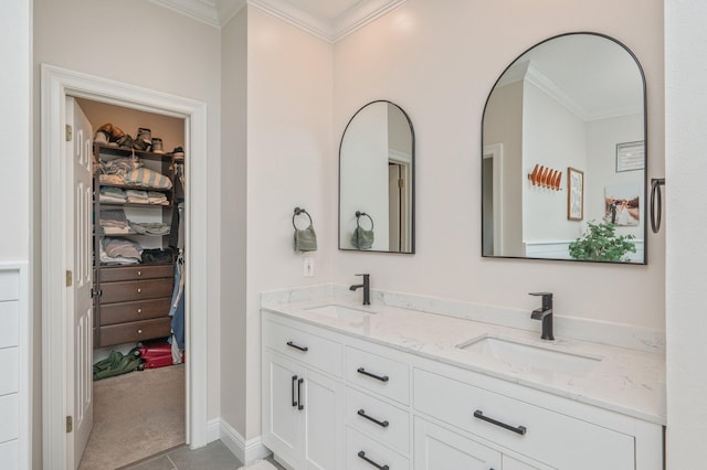 4467 Turnberry Pl, Niceville, FL 32578 - full bathroom with crown molding, double vanity, a spacious closet, and tile patterned flooring