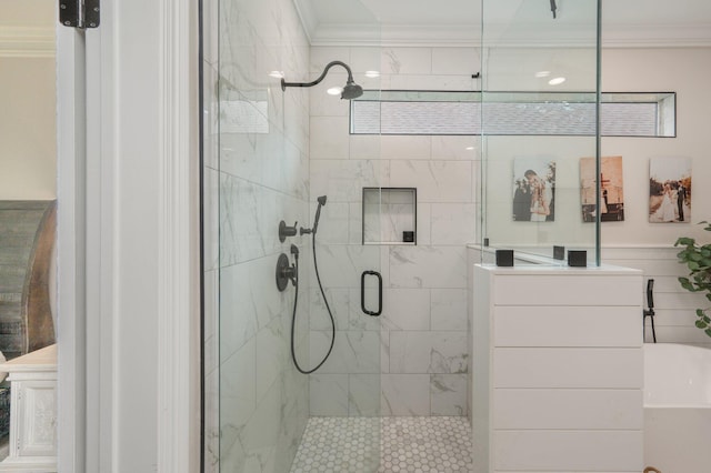 4467 Turnberry Pl, Niceville, FL 32578 - bathroom featuring crown molding, a stall shower, and a tub