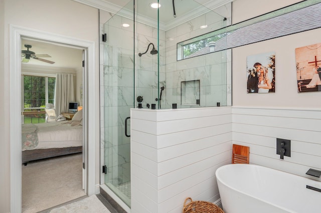 4467 Turnberry Pl, Niceville, FL 32578 - ensuite bathroom featuring ornamental molding, a shower stall, a freestanding bath, healthy amount of natural light, and ceiling fan