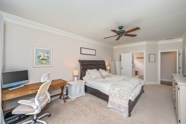4467 Turnberry Pl, Niceville, FL 32578 - bedroom with ornamental molding, light carpet, an office area, baseboards, and a ceiling fan