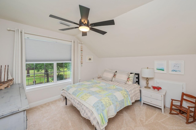 4467 Turnberry Pl, Niceville, FL 32578 - bedroom featuring light carpet, lofted ceiling, baseboards, and ceiling fan