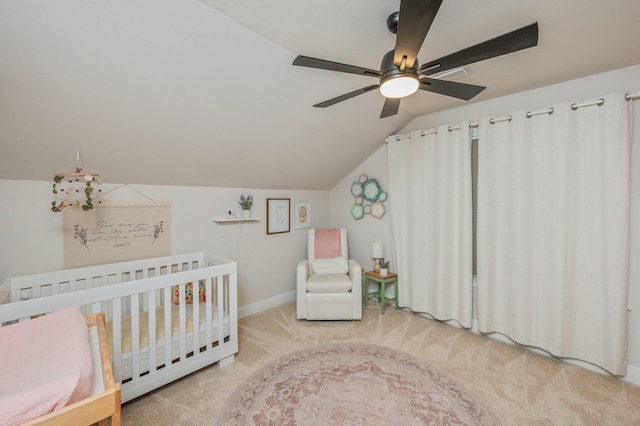 4467 Turnberry Pl, Niceville, FL 32578 - bedroom featuring lofted ceiling, carpet floors, a crib, baseboards, and ceiling fan