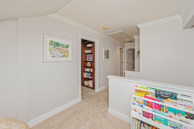 4467 Turnberry Pl, Niceville, FL 32578 - recreation room featuring attic access, light colored carpet, crown molding, and baseboards