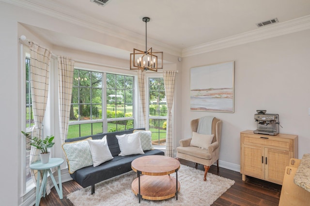 4467 Turnberry Pl, Niceville, FL 32578 - sitting room featuring crown molding, dark wood finished floors, a chandelier, and baseboards