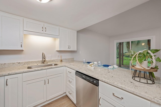 308 Miracle Strip Pkwy Unit 16B, Fort Walton Beach, FL 32548 - kitchen with dishwasher, a sink, white cabinetry, and light stone countertops