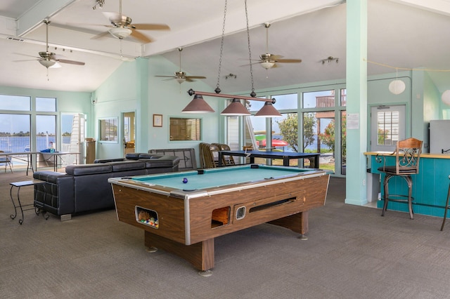 308 Miracle Strip Pkwy Unit 16B, Fort Walton Beach, FL 32548 - playroom featuring carpet floors, pool table, beam ceiling, a ceiling fan, and high vaulted ceiling