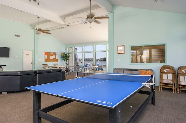 308 Miracle Strip Pkwy Unit 16B, Fort Walton Beach, FL 32548 - playroom featuring a ceiling fan, carpet floors, beam ceiling, track lighting, and high vaulted ceiling