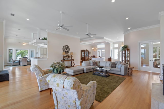 23 Paradise Point Rd, Shalimar, FL 32579 - living area featuring ceiling fan, plenty of natural light, ornamental molding, light wood-style flooring, and recessed lighting
