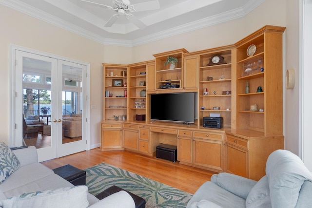 23 Paradise Point Rd, Shalimar, FL 32579 - living area featuring french doors, light wood finished floors, ornamental molding, and a ceiling fan