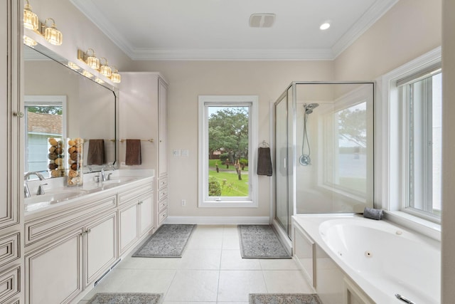 23 Paradise Point Rd, Shalimar, FL 32579 - full bathroom featuring plenty of natural light, double vanity, a tub with jets, a shower stall, and ornamental molding