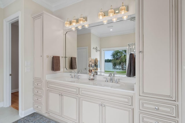 23 Paradise Point Rd, Shalimar, FL 32579 - full bath with double vanity, crown molding, and tile patterned flooring