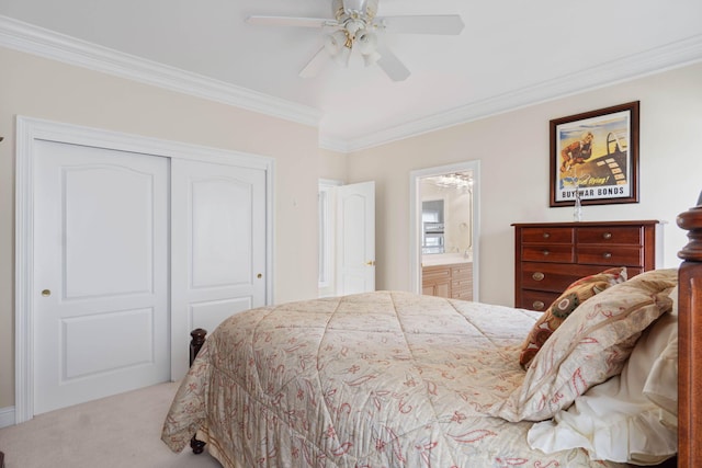 23 Paradise Point Rd, Shalimar, FL 32579 - bedroom featuring ornamental molding, carpet flooring, a closet, ceiling fan, and connected bathroom