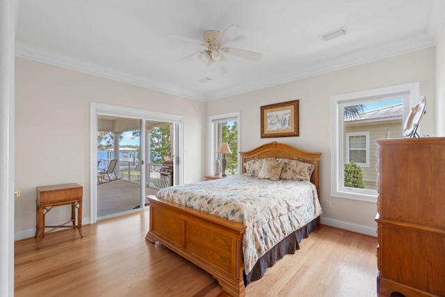 23 Paradise Point Rd, Shalimar, FL 32579 - bedroom featuring access to outside, light wood-type flooring, ornamental molding, baseboards, and ceiling fan