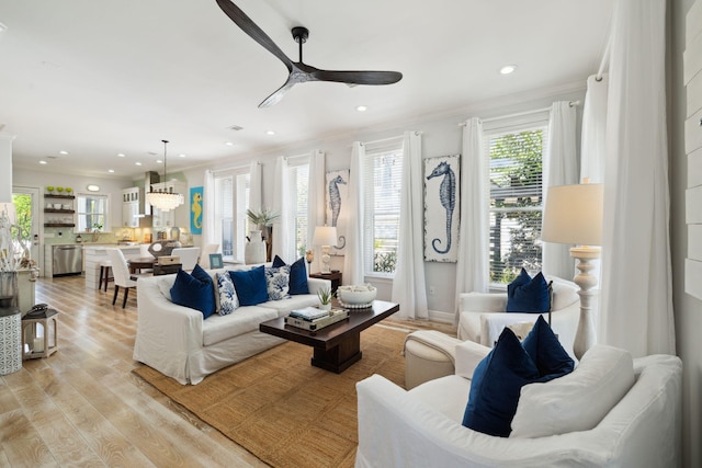 300 Cassine Garden Cir, Santa Rosa Beach, FL 32459 - living area with a ceiling fan, crown molding, plenty of natural light, recessed lighting, and light wood finished floors