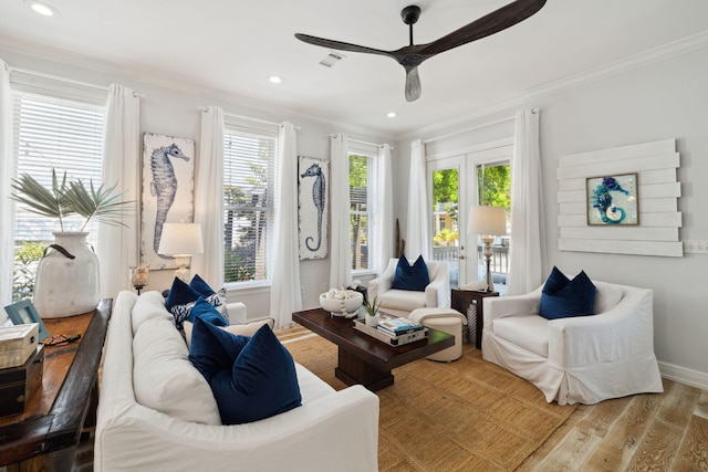 300 Cassine Garden Cir, Santa Rosa Beach, FL 32459 - living area featuring a ceiling fan, crown molding, wood finished floors, and recessed lighting